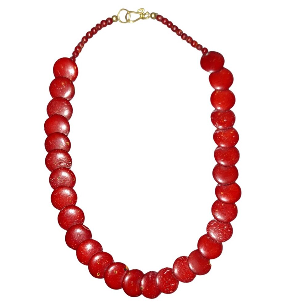 Vintage Cherry Red Coral Coin Bead Necklace - Retro 50s‎